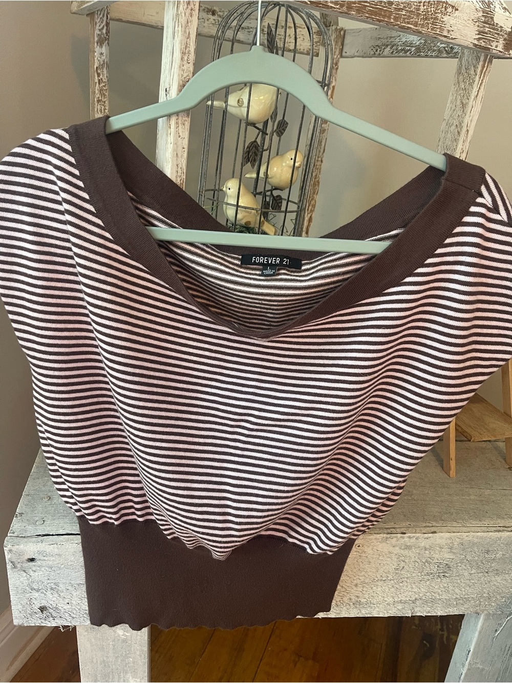 Forever 21 Brown & Pink Striped Off-Shoulder Sweater
